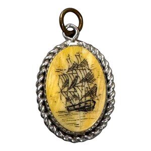 Vtg Verna Sterling Nautical Scrimshaw Sailboat Pendant Silver Rope Edge Maritime